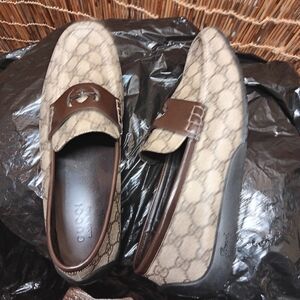 Gucci Tan and Brown Monogram Slip-On Loafers